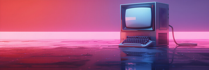 Vintage computer with CRT monitor from neon colors lights. - obrazy, fototapety, plakaty