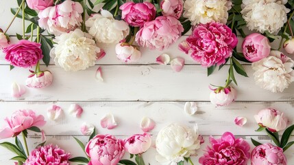 A stunning floral banner featuring a delightful arrangement of pink and white peonies set against a crisp white wooden backdrop embracing themes perfect for birthdays Valentine s Day Mother