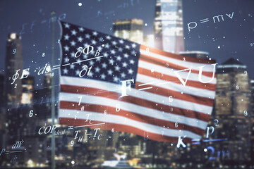 Scientific formula illustration on USA flag and blurry skyscrapers background, science and research...