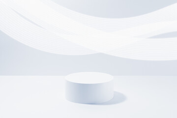 Abstract scene - one round blue podium for cosmetic products, mockup, striped neon glowing trails on blue background. For presentation skin care products, gifts, advertising, sale in minimal style.