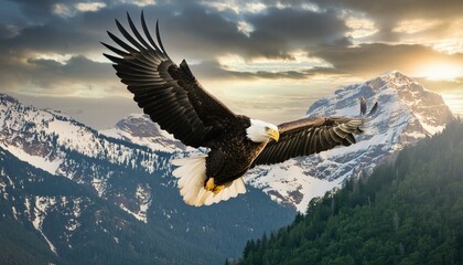 Wings of Freedom: Majestic Bald Eagle in Flight at Sunset