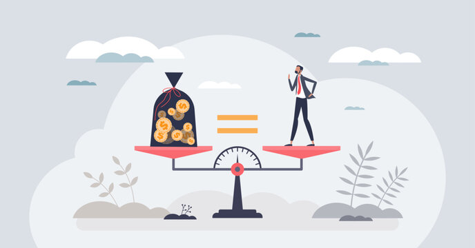 Compensation analysis and fair financial commission tiny person concept. Economical value for employee, labor or sales manager vector illustration. Accountancy wages calculation with justice scales.