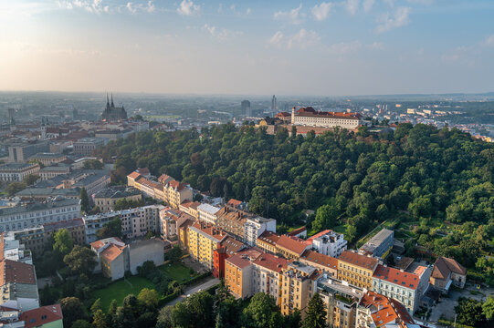 aerial photo of Brno city centre during surise