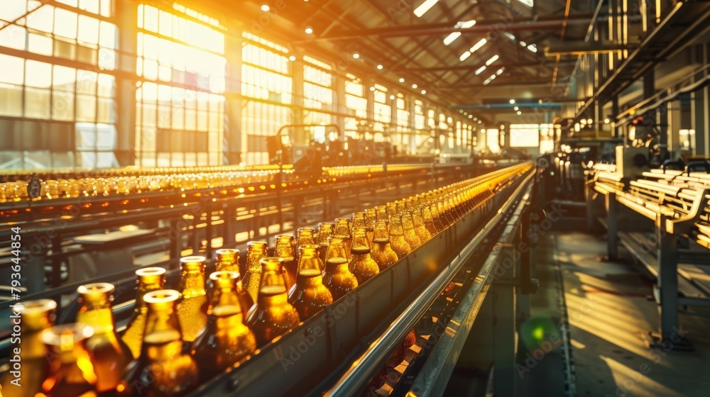 Fototapete a panoramic view of an automated beer bottling line, with rows of glass bottles moving seamlessly th
