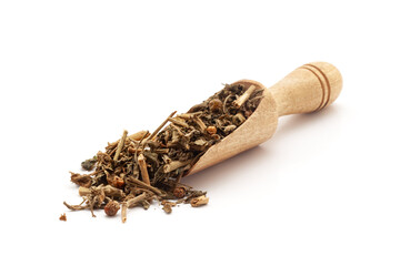 Front view of a wooden scoop filled with Organic Ashwagandha (Withania somnifera) leaves. Isolated on a white background.