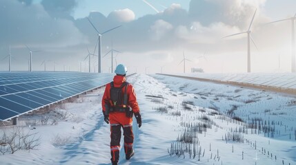 An energetic construction worker in a chilly, snow-filled solar field, briskly walking past the dormant solar panels, wind turbines dotting the distant skyline.