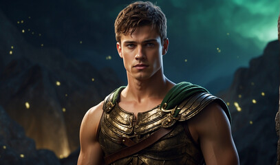 a picture of a young man with short brown hair. He is wearing a green and gold tunic and a breastplate. He has a sword in his right hand and is standing in front of a ruined city. - obrazy, fototapety, plakaty