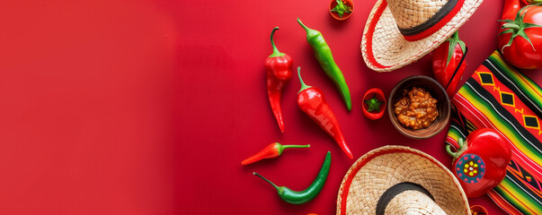 Festive Tableau: Mexican Sombreros and Spicy Cuisine on Red