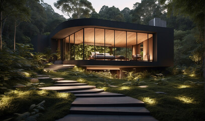  a modern house with a lot of glass windows. It is surrounded by trees and has a large garden with a pool.


