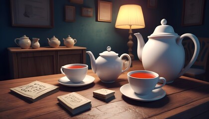Solving mysteries is difficult and you need to take time out to have a cup of tea while you go over the clues. 3d render illustration. - obrazy, fototapety, plakaty