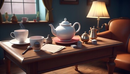 Fototapeta na wymiar Solving mysteries is difficult and you need to take time out to have a cup of tea while you go over the clues. 3d render illustration.