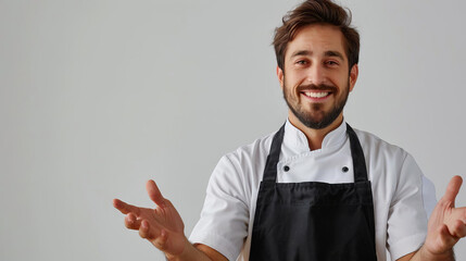 Chef in apron, welcoming with open hands, bright white setting.