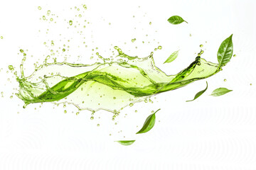 Serene green tea splash, delicate aroma in crisp white space