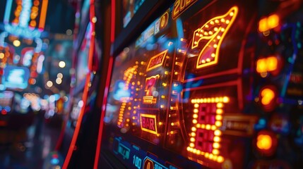 Slot Machines Close-ups: A close-up photo of a slot machine's digital display showing a winning combination, with flashing lights and numbers