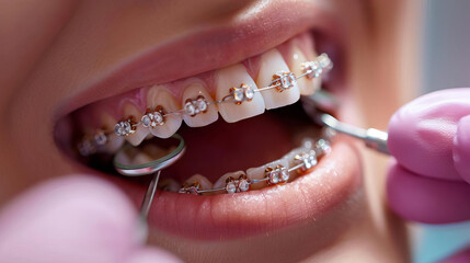 Detailed view of braces treatment on a teenager, dental tools in use, simple background, educational focus,