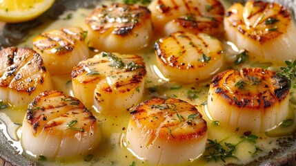Gourmet chef cooking grilled scallops in creamy lemon butter or spicy cajun sauce with herbs