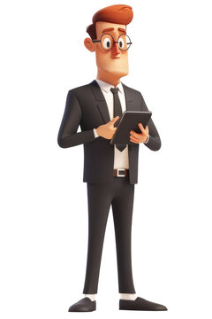 visionary technical director standing with a tablet and wearing elegant business clothes on a white background.