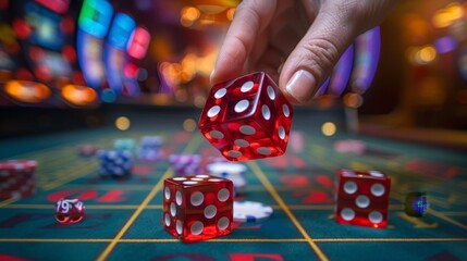Winning and Celebration: A photo of a person throwing dice in celebration after a successful roll at a craps table - obrazy, fototapety, plakaty