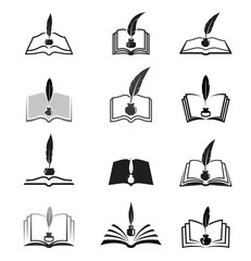 Creative Books Feathers And Ink Bottles Collection Logo Symbol Icons Design Illustration
