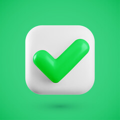 Vector 3d Check mark realistic icon. Trendy square plastic white and green checkmark button, select icon with shadow on green background. 3d render tick sign illustration for web, app, design.