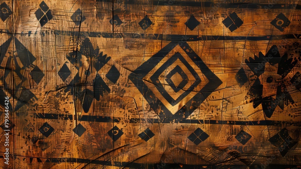 Poster a wooden surface with a pattern of squares and triangles. the pattern is black and brown. the surfac