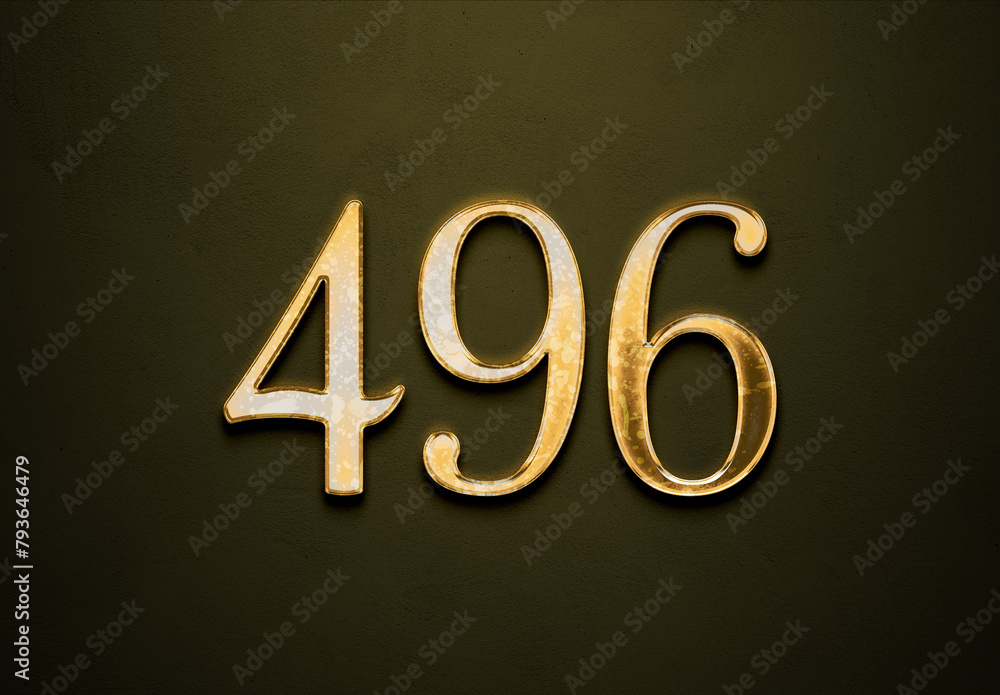 Sticker old gold effect of 496 number with 3d glossy style mockup.