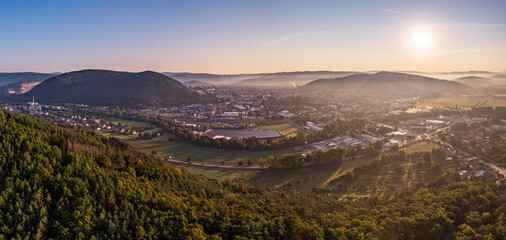 Tišnov city aerial Panorama during magical sunrise in summer