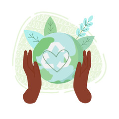 Vector flat illustration of hand with globe and heart. Love for the planet and care for the planet.