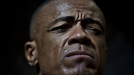 A man with a bald head and a sad expression. He is sweating and looking down. Scene is somber and melancholic