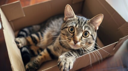 Cute grey tabby cat rests in cardboard box at home. Ai Generated.
