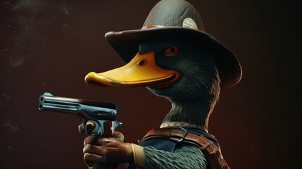 duck in a stylish hat brandishes a firearm confidently, Ai Generated - obrazy, fototapety, plakaty