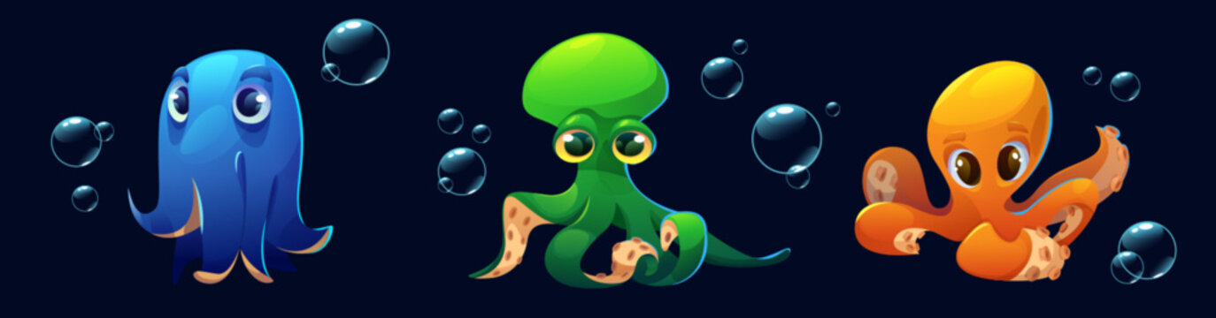 Octopus characters set isolated on black background. Vector cartoon illustration of blue, green, yellow underwater animals with tentacles and big eyes, bubbles in sea or ocean water, marine mascot