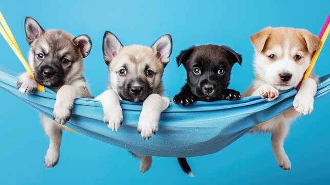 Four adorable puppies sit above banner in charming display. Ai Generated.