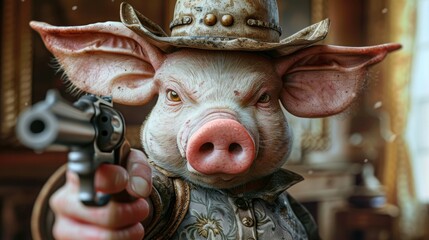 pig in a stylish hat brandishes a firearm confidently, Ai Generated - obrazy, fototapety, plakaty