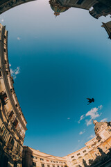 Fototapeta na wymiar A silhouette of a dove flying over the Praetorian Fountain square in Palermo. Fisheye effect