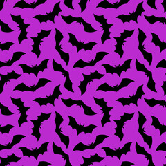 Halloween Bat flat seamless pattern. Vector Happy Halloween print with flying black bat silhouette on violet background. For wrapping, fabric, holiday decoration, textile, wallpapers