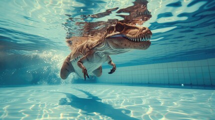 Hilarious underwater scene dinosaur in pool plays deep dive action, Ai Generated. - obrazy, fototapety, plakaty