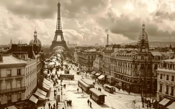 Fototapeta 1920s Parisian Street Bustle with Distant Eiffel Tower in Sepia - Historical French Streets, Retro Urban Photography, Cultural Exploration - Art History, Tourism