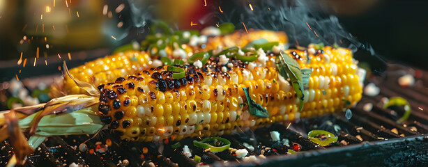 Barbecued corn cobs with herbs on a black background with fire. 
 - obrazy, fototapety, plakaty