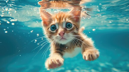Hilarious underwater scene kitty in pool plays deep dive action, Ai Generated. - obrazy, fototapety, plakaty