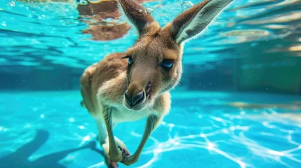 Fotobehang Hilarious underwater scene kangaroo in pool plays deep dive action, Ai Generated. © Crazy Juke