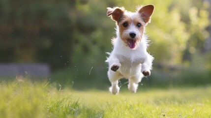 Domestic dog leaping joyfully into the air with boundless energy and excitement, Ai Generated
