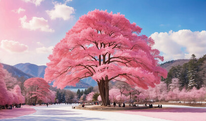 A large pink tree with a large pink flower petals is in the center of the image. There is a bench under the tree and a lake and mountain range in the background. The sky is light blue and there are so