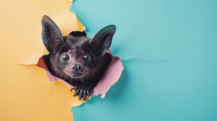 A humorous bat peers through a ripped hole in a contrast pastel color paper background, Ai Generated