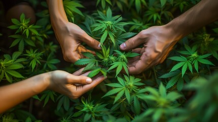 Cannabis Harvest Season : Workers gather ripe cannabis buds during the harvest season, their hands deftly navigating through the lush foliage in a ritual of abundance and gratitude. - obrazy, fototapety, plakaty