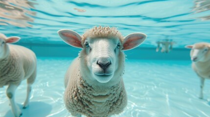 Hilarious underwater scene sheep in pool plays deep dive action, Ai Generated.