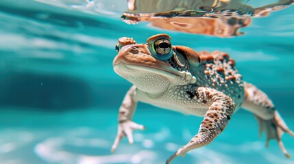 Hilarious underwater scene toad in pool plays deep dive action, Ai Generated.