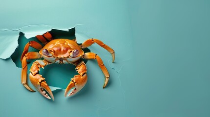 A humorous crab peers through a ripped hole in a contrast pastel color paper background, Ai Generated
