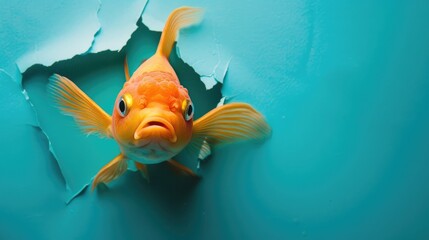 A humorous fish peers through a ripped hole in a contrast pastel color paper background, Ai...
