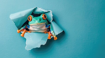 A humorous frog peers through a ripped hole in a contrast pastel color paper background, Ai...